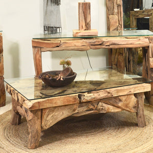 Couchtisch Akar Teak Holz mit Glasplatte - rechteckig